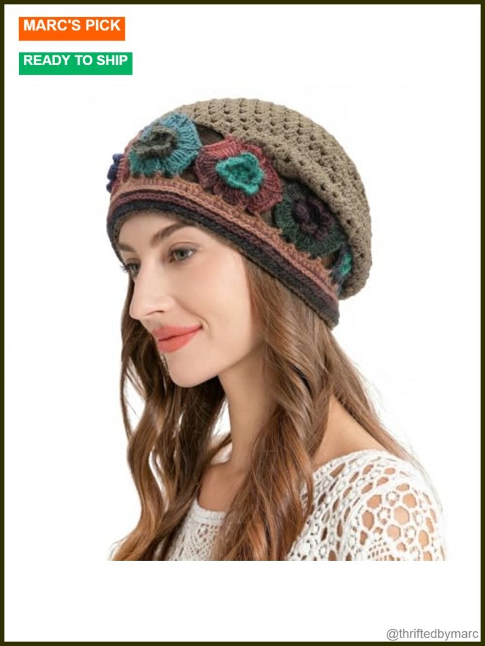 Cotton Crochet Slouchy Beanie Hat Handmade Knit Summer Skull Cap Floral